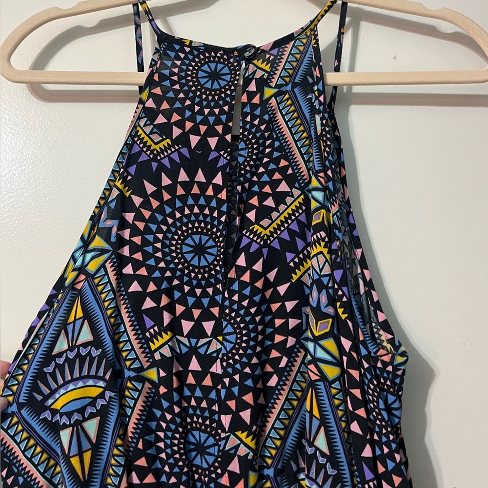 Funky Geometric Multi-Colored Maxi Dress with Halter Top - Black, Blue, Purple